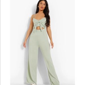 Boohoo Strappy Tie Bust Cut Out Wide Leg Jumpsuit
